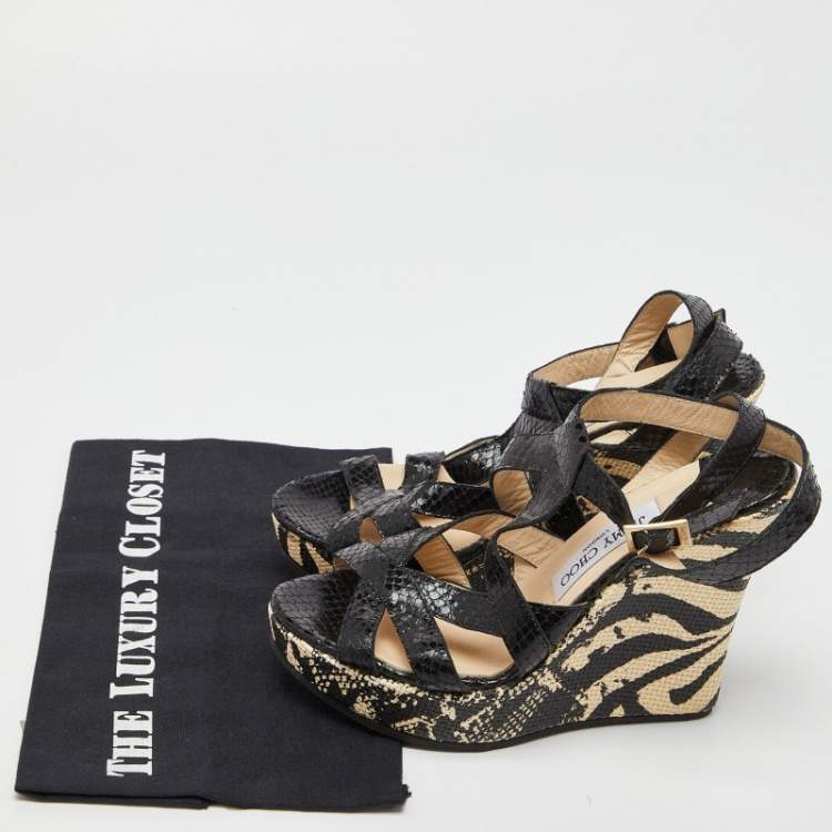 Pre Owned Jimmy Choo Black Snakeskin Platform Wedge Sandals Size 38