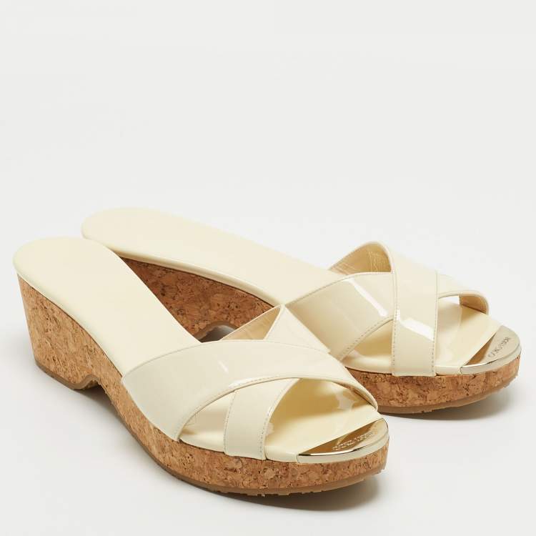 Pre Owned Jimmy Choo Cream Patent Leather Panna Wedge Sandals Size 40.5