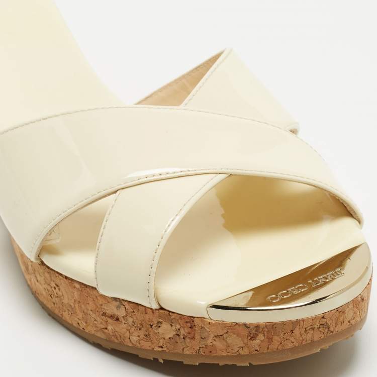 Pre Owned Jimmy Choo Cream Patent Leather Panna Wedge Sandals Size 40.5