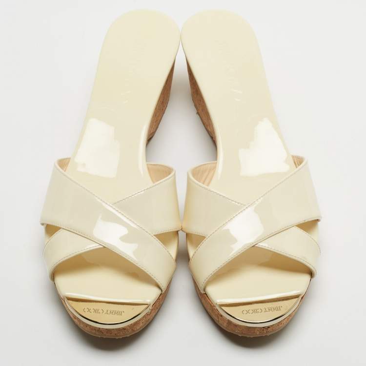 Pre Owned Jimmy Choo Cream Patent Leather Panna Wedge Sandals Size 40.5