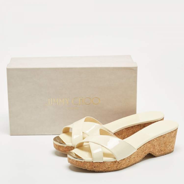 Pre Owned Jimmy Choo Cream Patent Leather Panna Wedge Sandals Size 40.5