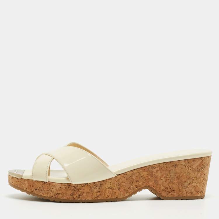 Pre Owned Jimmy Choo Cream Patent Leather Panna Wedge Sandals Size 40.5