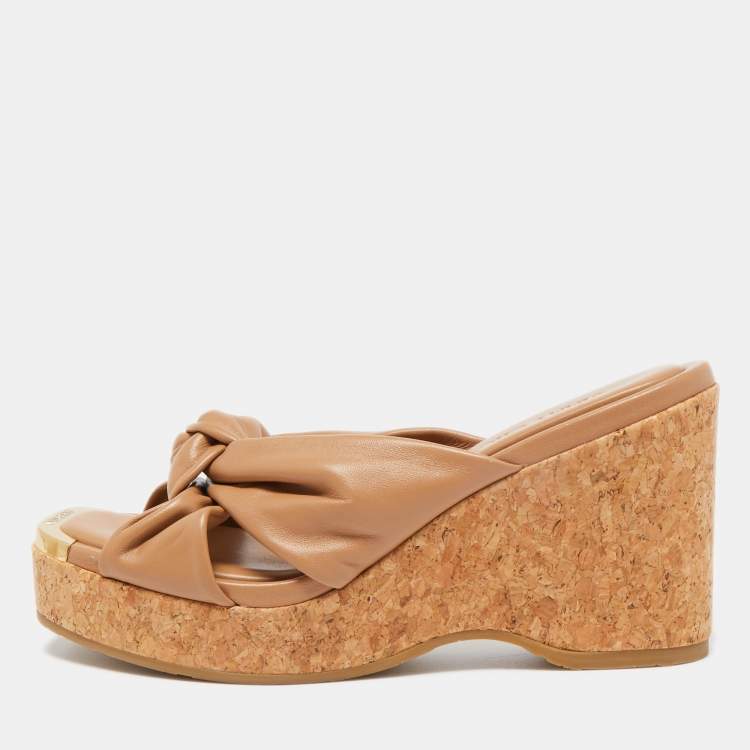 Pre Owned Jimmy Choo Brown Knotted Leather Avenue Wedge Sandals Size 38.5