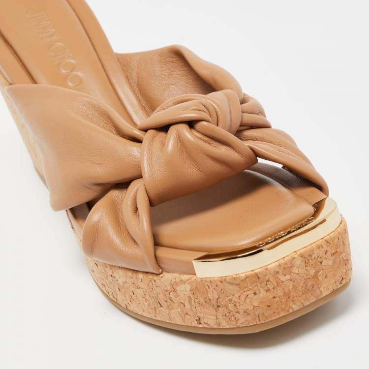 Pre Owned Jimmy Choo Brown Knotted Leather Avenue Wedge Sandals Size 38.5