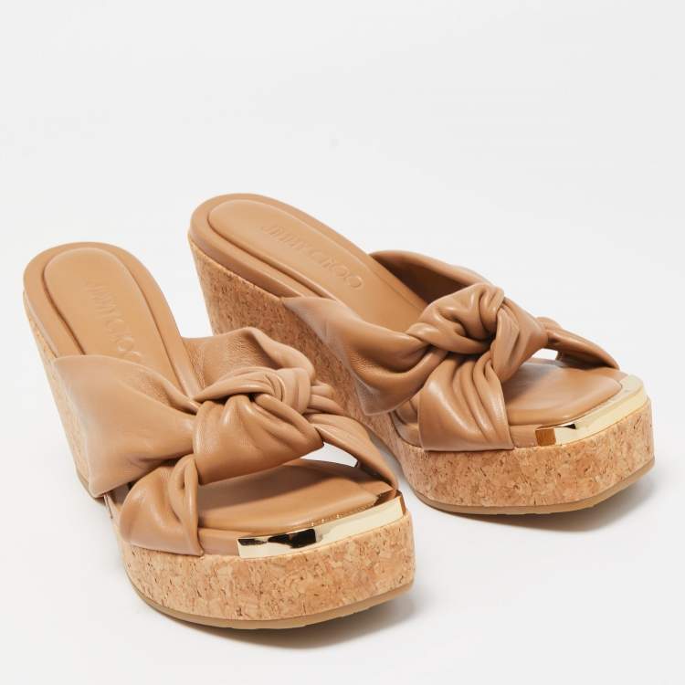Pre Owned Jimmy Choo Brown Knotted Leather Avenue Wedge Sandals Size 38.5
