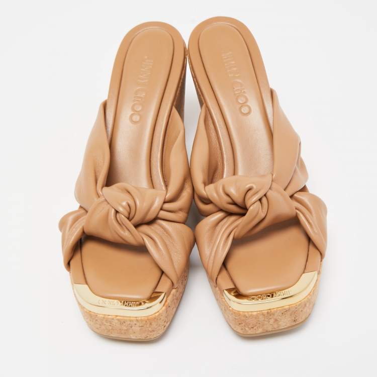 Pre Owned Jimmy Choo Brown Knotted Leather Avenue Wedge Sandals Size 38.5