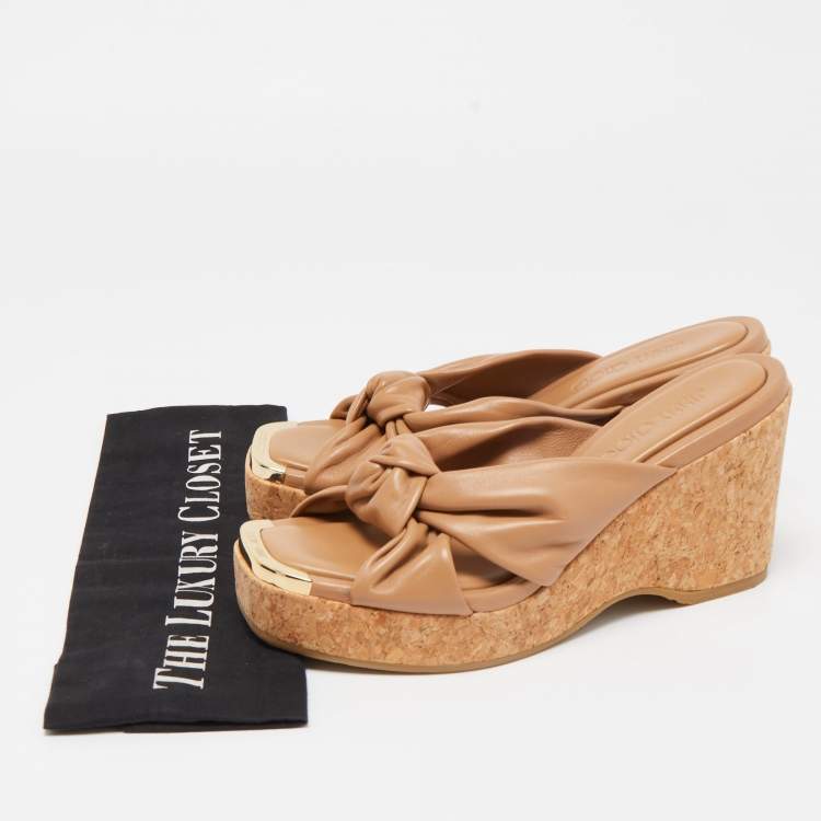 Pre Owned Jimmy Choo Brown Knotted Leather Avenue Wedge Sandals Size 38.5