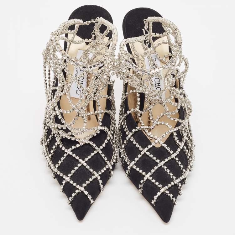 مملوكة مسبقًا Jimmy Choo Black Suede Crystal Embellished Scotty Pumps Size 39