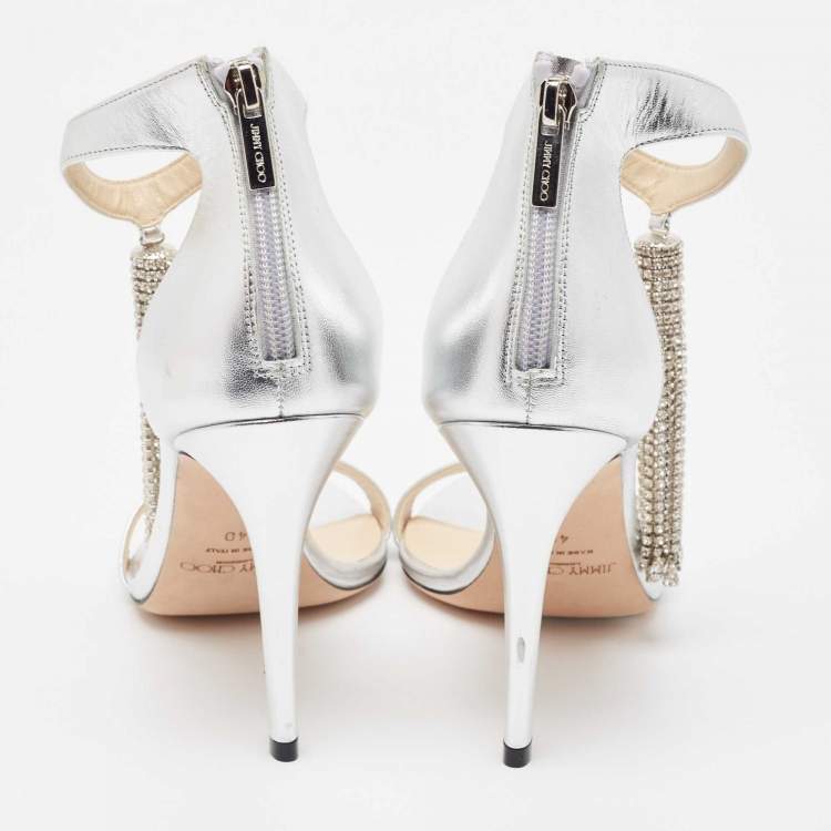 Pre Owned Jimmy Choo Silver Leather Crystal Embellished Chandelier Sandals Size 40