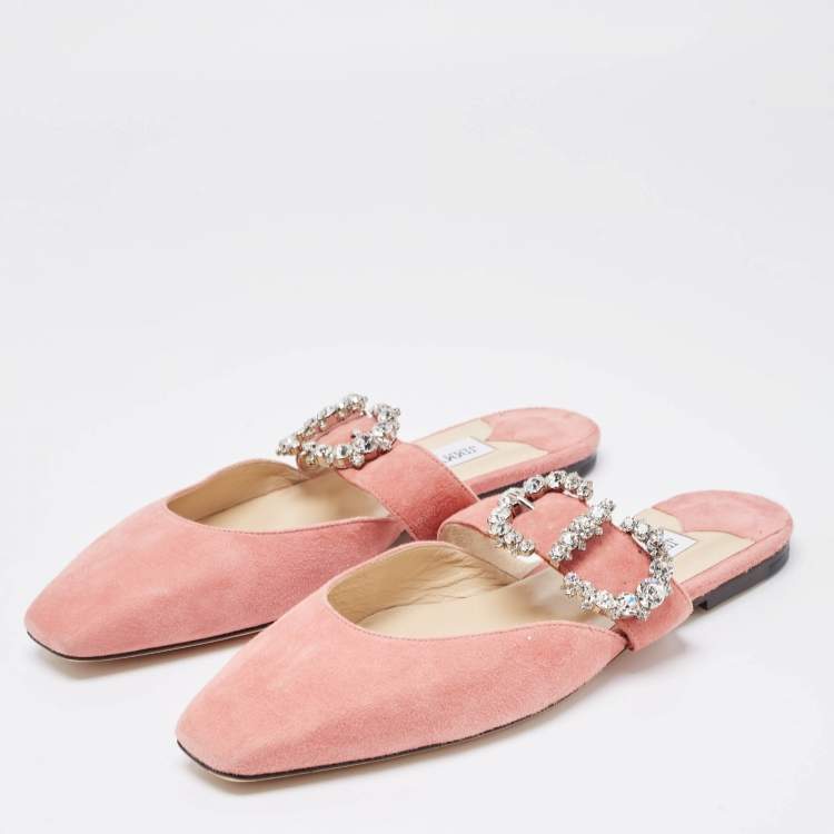Pre Owned Jimmy Choo Pink Suede Crystal Embellishments Mary Jane Flat Mules Size 38.5