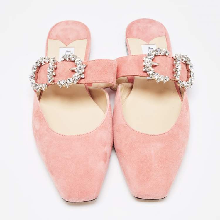 Pre Owned Jimmy Choo Pink Suede Crystal Embellishments Mary Jane Flat Mules Size 38.5