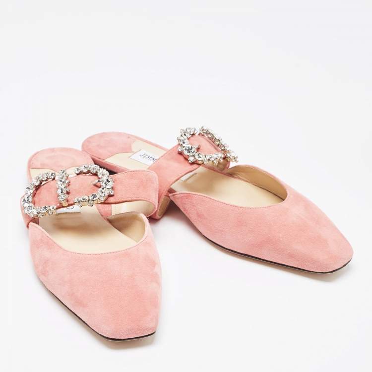 Pre Owned Jimmy Choo Pink Suede Crystal Embellishments Mary Jane Flat Mules Size 38.5