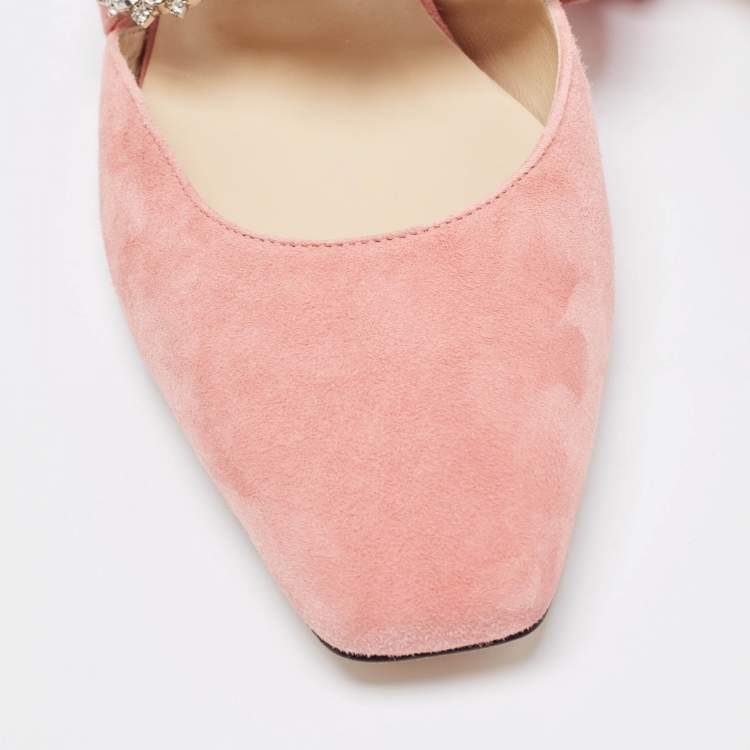 Pre Owned Jimmy Choo Pink Suede Crystal Embellishments Mary Jane Flat Mules Size 38.5