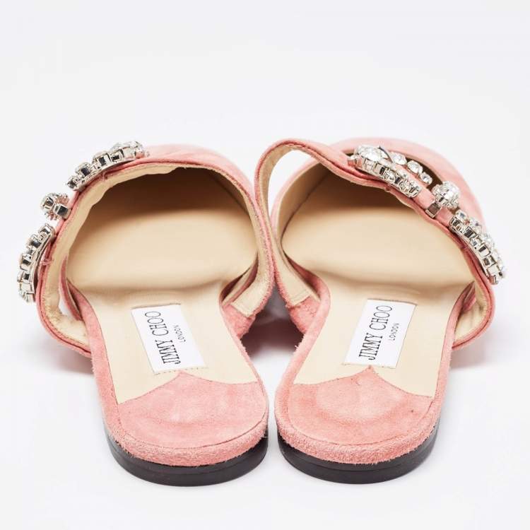 Pre Owned Jimmy Choo Pink Suede Crystal Embellishments Mary Jane Flat Mules Size 38.5