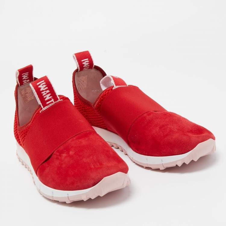 Pre Owned Jimmy Choo Red Suede and Mesh Oakland Sneakers Size 40