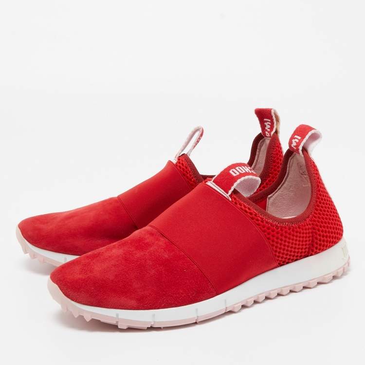 Pre Owned Jimmy Choo Red Suede and Mesh Oakland Sneakers Size 40