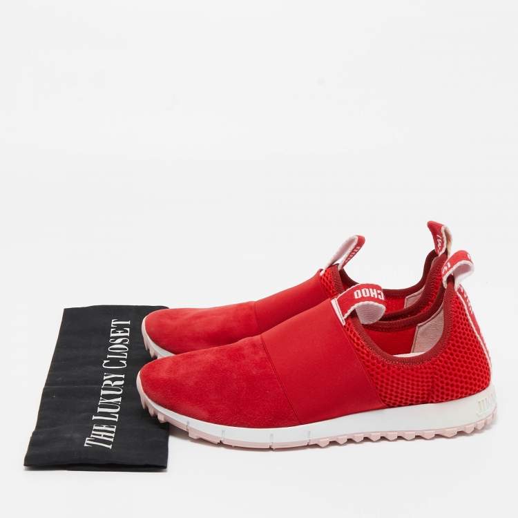 Pre Owned Jimmy Choo Red Suede and Mesh Oakland Sneakers Size 40
