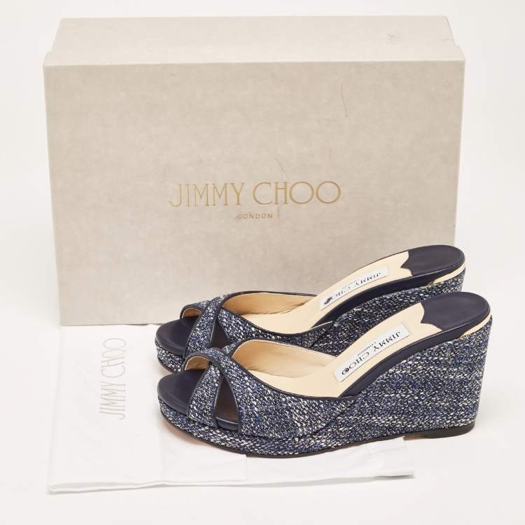Pre Owned Jimmy Choo Navy Blue Tweed Almer Wedge Sandals Size 36