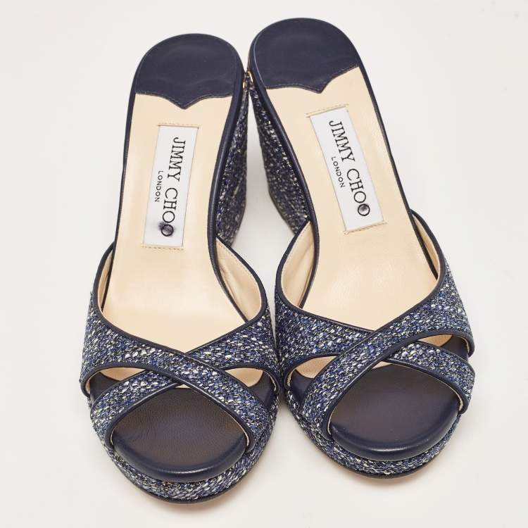 Pre Owned Jimmy Choo Navy Blue Tweed Almer Wedge Sandals Size 36