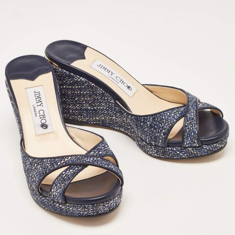 Pre Owned Jimmy Choo Navy Blue Tweed Almer Wedge Sandals Size 36