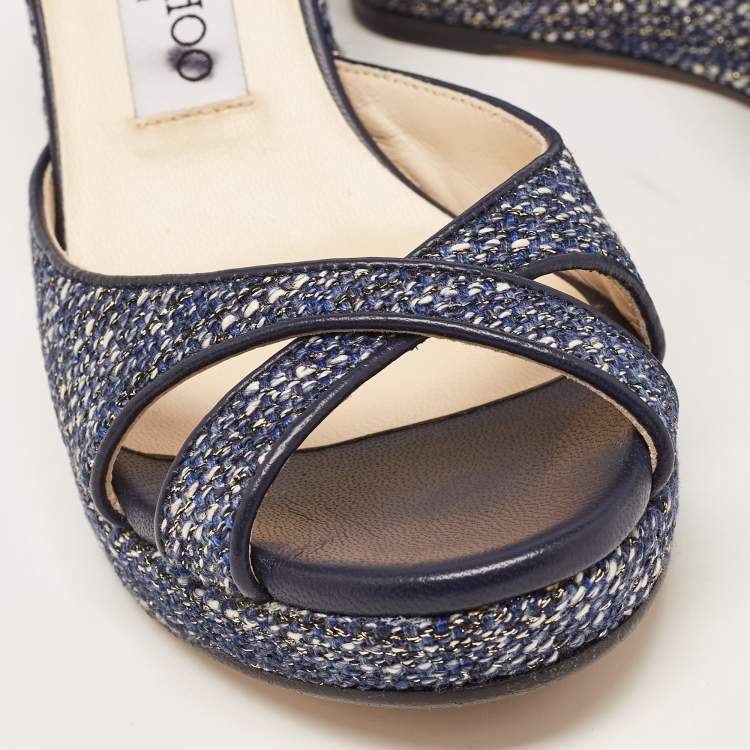 Pre Owned Jimmy Choo Navy Blue Tweed Almer Wedge Sandals Size 36