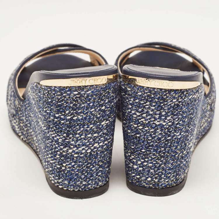 Pre Owned Jimmy Choo Navy Blue Tweed Almer Wedge Sandals Size 36