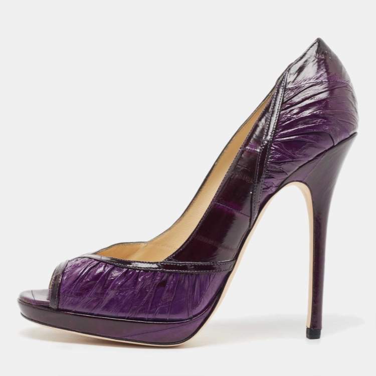Pre Owned Jimmy Choo Purple Eel Leather Peep Toe Pumps Size 39.5