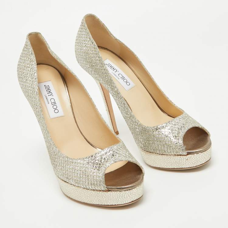 Pre Owned Jimmy Choo Gold Metallic Leather Luna Open Toe Pumps Size 39.5