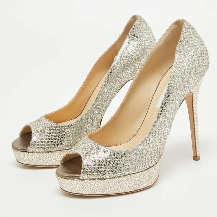 Pre Owned Jimmy Choo Gold Metallic Leather Luna Open Toe Pumps Size 39.5
