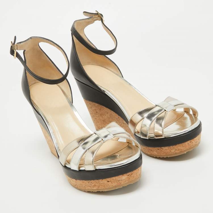 Pre Owned Jimmy Choo Silver/Black Leather Wadge Ankle Strap Sandals Size 40