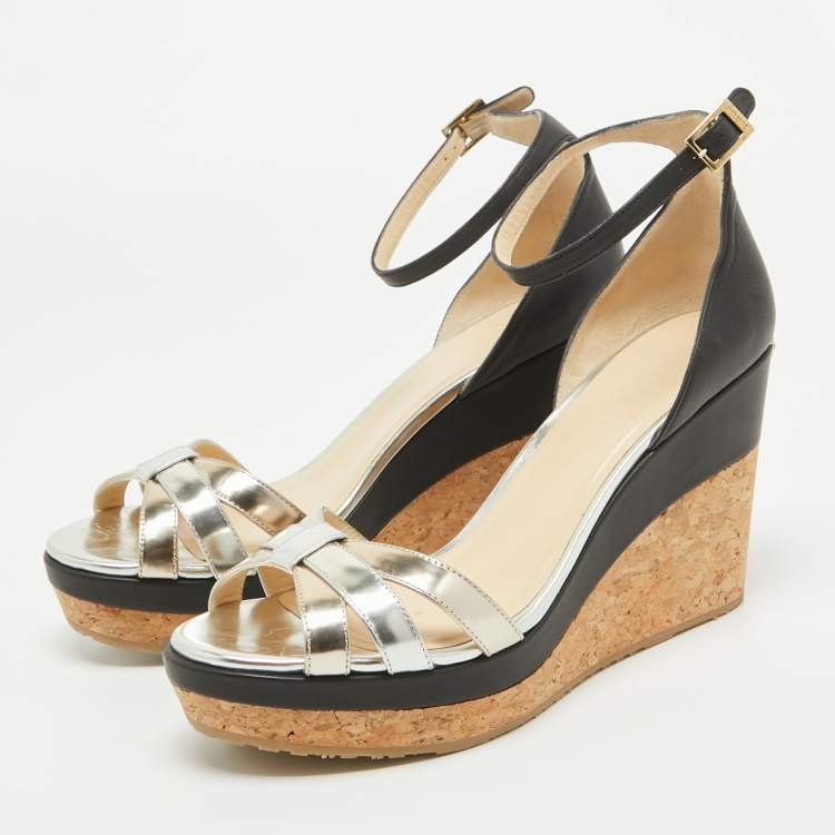 Pre Owned Jimmy Choo Silver/Black Leather Wadge Ankle Strap Sandals Size 40
