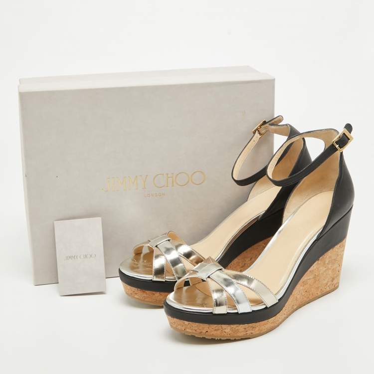 Pre Owned Jimmy Choo Silver/Black Leather Wadge Ankle Strap Sandals Size 40