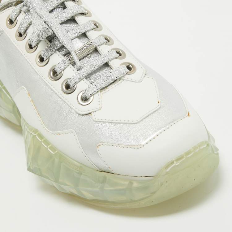 Pre Owned Jimmy Choo White/Silver Leather Diamond Low Top Sneakers Size 39.5