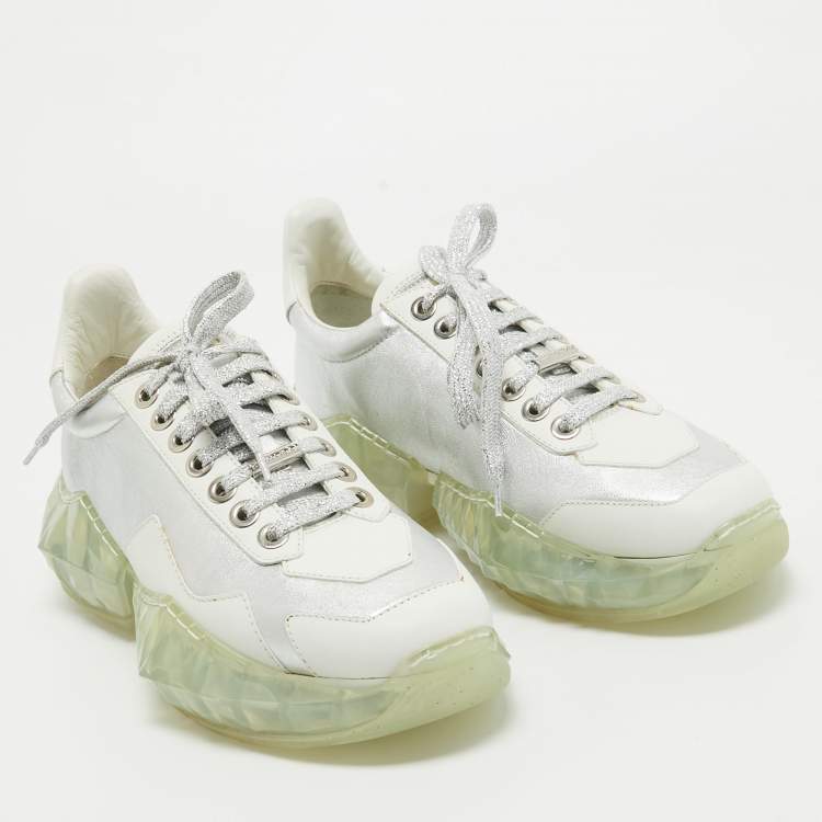 Pre Owned Jimmy Choo White/Silver Leather Diamond Low Top Sneakers Size 39.5