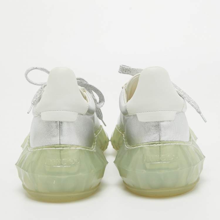 Pre Owned Jimmy Choo White/Silver Leather Diamond Low Top Sneakers Size 39.5
