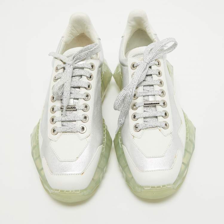Pre Owned Jimmy Choo White/Silver Leather Diamond Low Top Sneakers Size 39.5