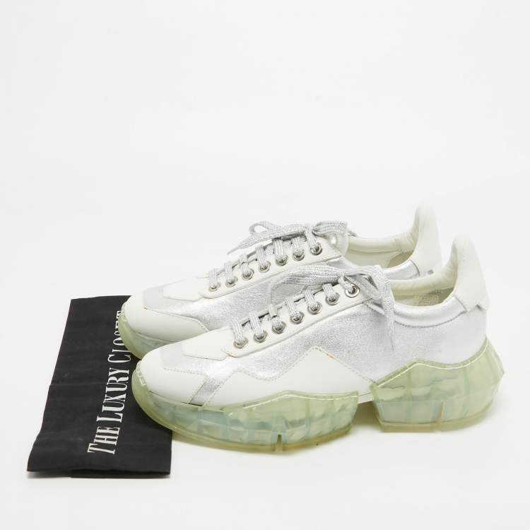 Pre Owned Jimmy Choo White/Silver Leather Diamond Low Top Sneakers Size 39.5