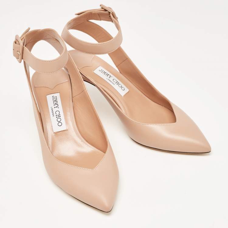 مملوكة مسبقًا Jimmy Choo Beige Leather Lou Pointed Toe Ankle Strap Pumps Size 39