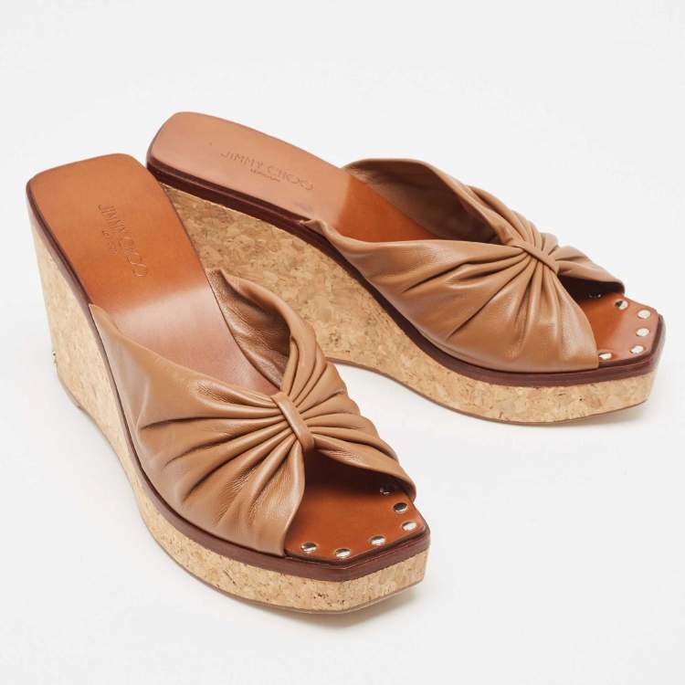 Pre Owned Jimmy Choo Brown Leather Wedge Sandals Size 39.5