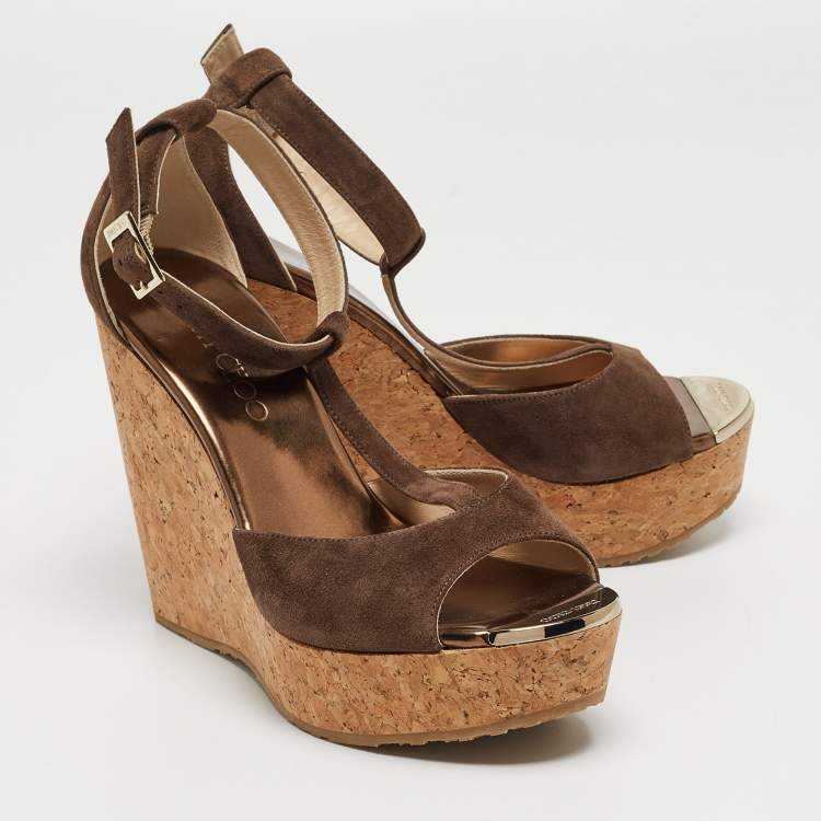 Pre Owned Jimmy Choo Brown Suede Wedge Sandals Size 37