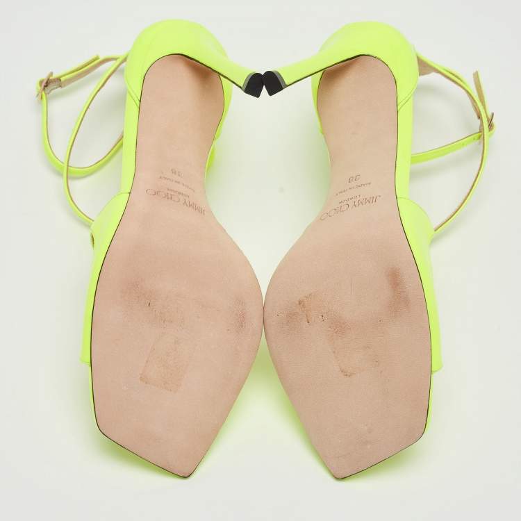 Pre Owned Jimmy Choo Neon Yellow Patent Leather Azia Ankle Strap Sandals Size 38