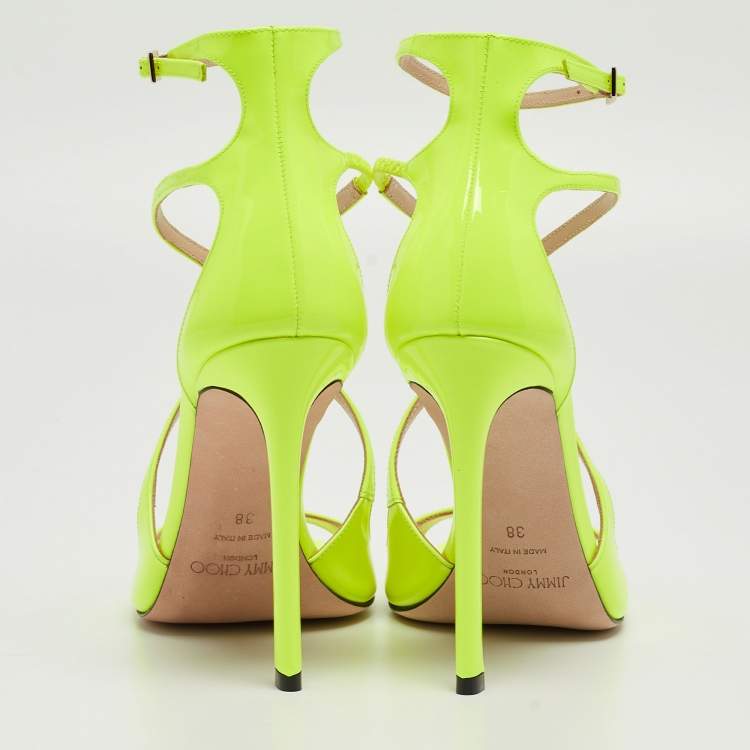 Pre Owned Jimmy Choo Neon Yellow Patent Leather Azia Ankle Strap Sandals Size 38