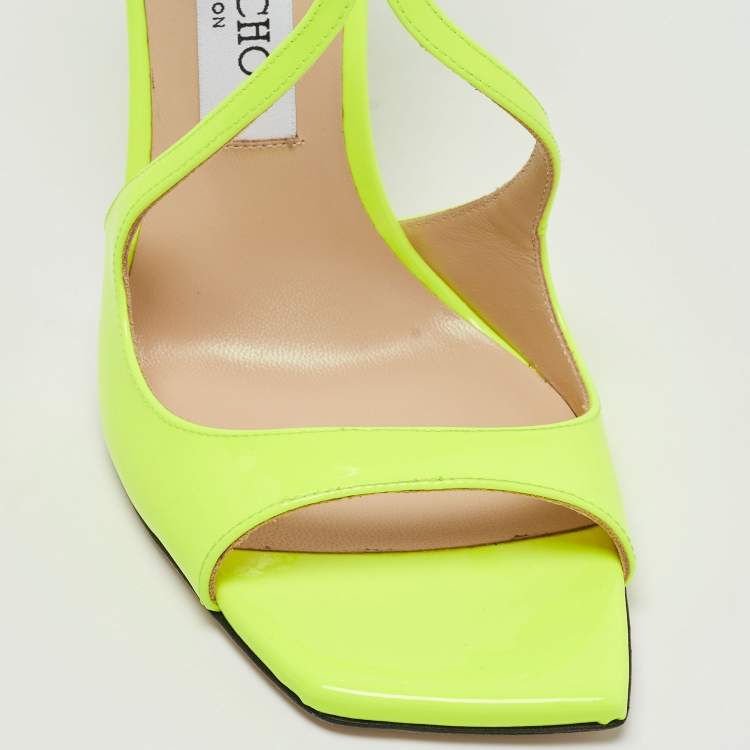 Pre Owned Jimmy Choo Neon Yellow Patent Leather Azia Ankle Strap Sandals Size 38