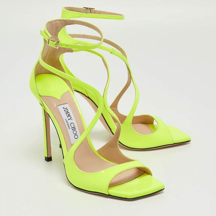 Pre Owned Jimmy Choo Neon Yellow Patent Leather Azia Ankle Strap Sandals Size 38