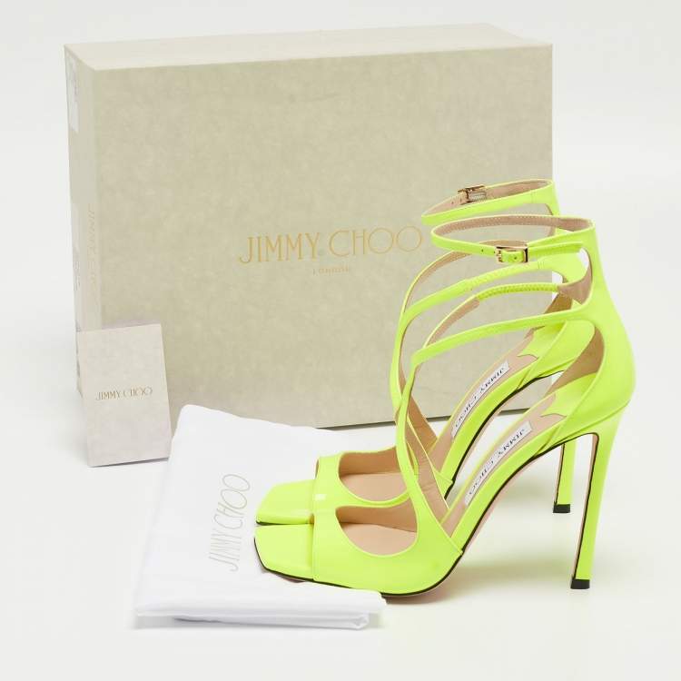 Pre Owned Jimmy Choo Neon Yellow Patent Leather Azia Ankle Strap Sandals Size 38