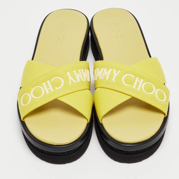 Pre Owned Jimmy Choo Green Canvas Logo Wedge Sandals Size 39