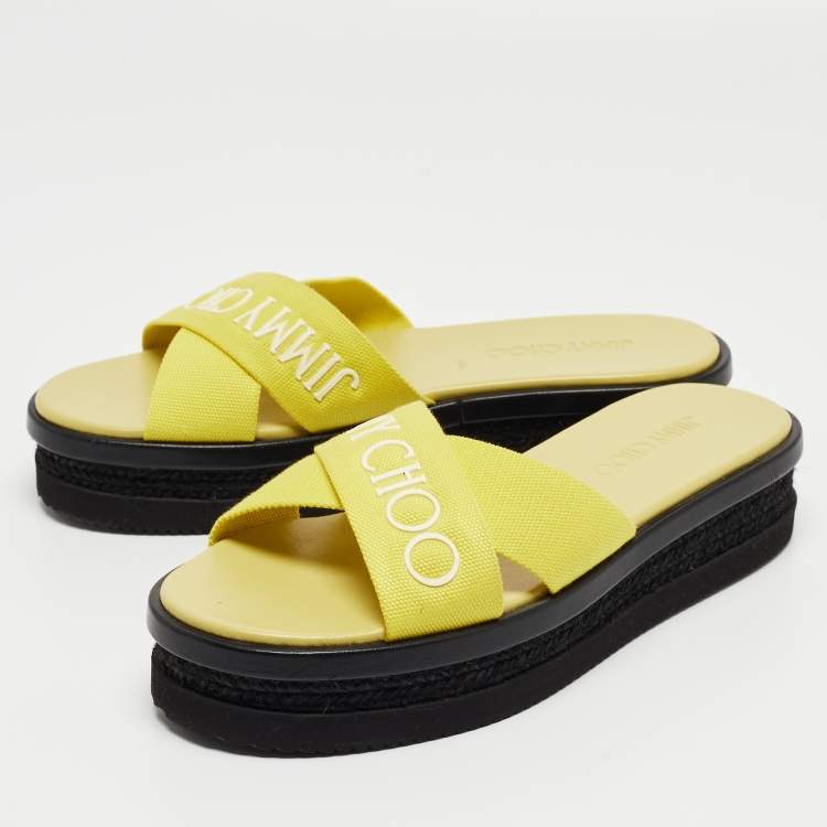 Pre Owned Jimmy Choo Green Canvas Logo Wedge Sandals Size 39