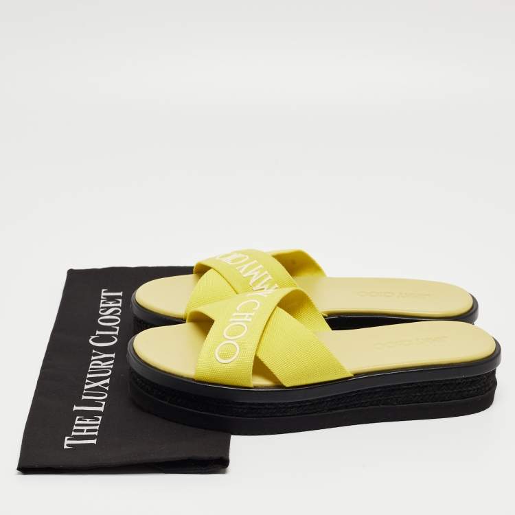 Pre Owned Jimmy Choo Green Canvas Logo Wedge Sandals Size 39