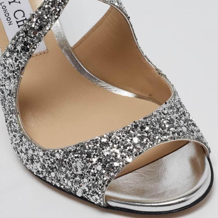 Pre Owned Jimmy Choo Silver Coarse Glitter Emily Sandals Size 37