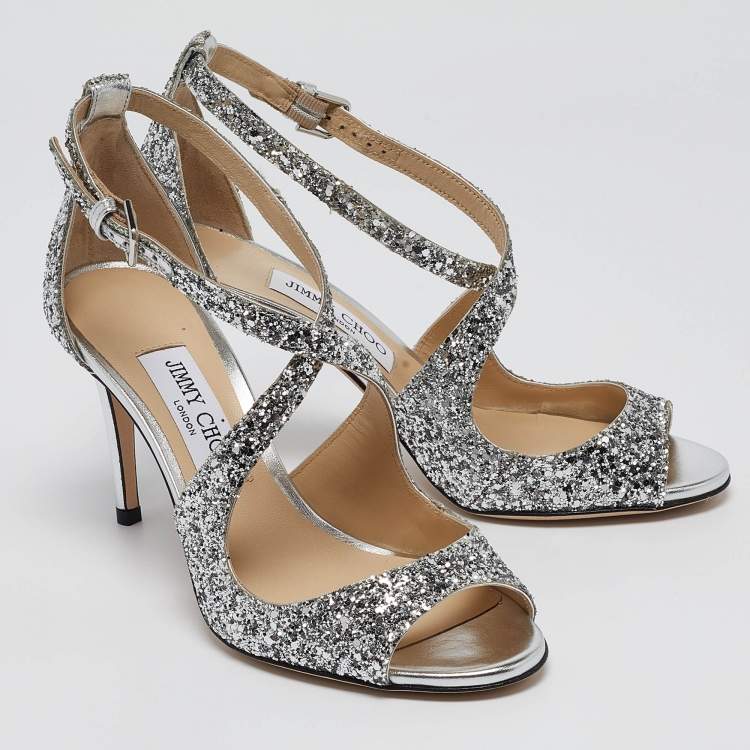 Pre Owned Jimmy Choo Silver Coarse Glitter Emily Sandals Size 37